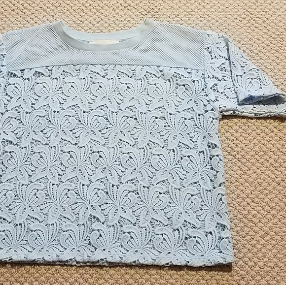 NWOT LOFT crochet floral lace light blue short sleeve boxy top - Picture 5 of 10